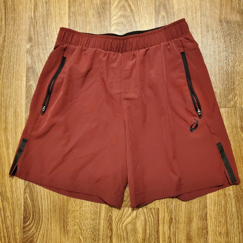 Asics Shorts Men Small‎ Red Running Athletic Zipper Pockets Performance